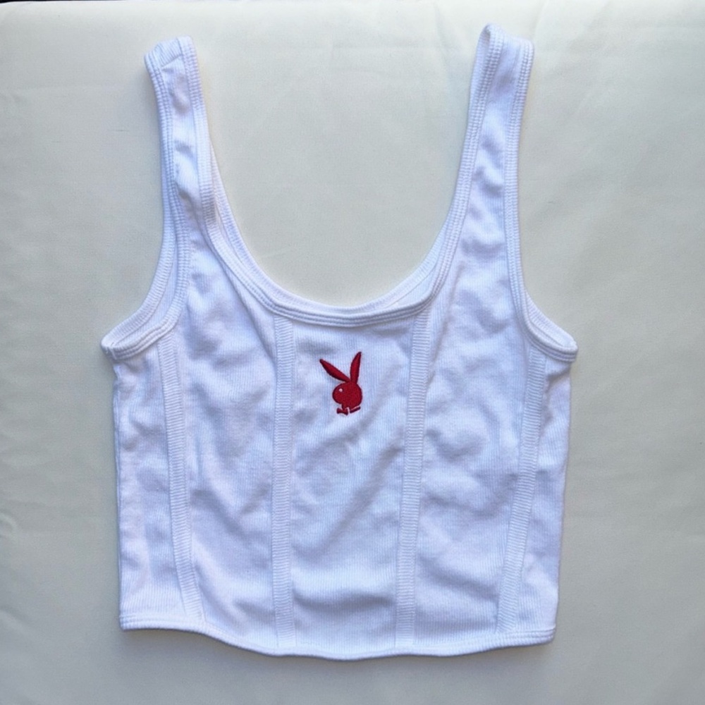 Women’s White Playboy Crop Tank Top Xs - Picture 1 of 7